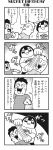  1girl 2boys 4koma :3 afterimage angry bangs bkub blunt_bangs bruise_on_face calimero_(bkub) comic emphasis_lines grabbing greyscale halftone highres honey_come_chatka!! monochrome multiple_boys no_pupils open_mouth pointing punching shirt short_hair shouting simple_background smug speech_bubble speed_lines sweatdrop talking translation_request two-tone_background wavy_mouth 