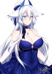  1girl animal_ears black_choker blue_dress blue_eyes blue_ribbon breasts choker cleavage commentary_request dated dress fox_ears hair_ribbon heterochromia horns konshin large_breasts long_hair looking_at_viewer orange_eyes original parted_lips ribbon signature simple_background solo very_long_hair white_background white_hair 