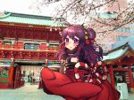  1girl absurdres ahoge architecture blush cherry_blossoms day east_asian_architecture eyebrows_visible_through_hair hair_bun hair_ornament highres huge_filesize japanese_clothes kimono long_sleeves looking_at_viewer looking_back obi off_shoulder original osiimi outdoors paid_reward parted_lips patreon_reward photo_background red_kimono sash solo standing tree 