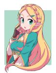  1girl :o absurdres aqua_background aqua_eyes aqua_hairclip aqua_shirt blonde_hair blush border braid brown_gloves fingerless_gloves gloves hair_ornament hairclip highres long_hair long_sleeves looking_at_viewer nazonazo_(nazonazot) pointy_ears princess_zelda shirt solo the_legend_of_zelda the_legend_of_zelda:_breath_of_the_wild triforce undershirt white_border white_shirt white_sleeves 