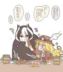  2girls :d :t ? black_cape black_eyes black_hair blonde_hair brown_gloves brown_hat cape chino_machiko cup eating eye_contact food food_on_face fork gloves hat hat_feather helmet holding holding_fork holding_knife jitome knife long_hair looking_at_another lyza made_in_abyss mug multicolored_hair multiple_girls open_mouth ozen pac-man_eyes pith_helmet plate short_hair simple_background smile sparkle translation_request two-tone_hair violet_eyes white_background white_hair wiping_face 