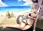  1girl absurdres arm_up armpits ball beach beach_mat beachball bikini bird black_bikini blue_sky bow bowtie breasts chrisandita cleavage cooler day detached_collar five-seven_(girls_frontline) front-tie_bikini front-tie_top girls_frontline hair_ornament highres long_hair looking_at_viewer multi-strapped_bikini navel ocean off_shoulder one_eye_closed outdoors ponytail ribbon sand sand_castle sand_sculpture side-tie_bikini signature silver_hair sitting skindentation sky smile solo swimsuit thigh_ribbon umbrella waves 