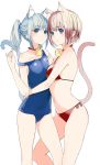  2girls animal_ears asymmetrical_docking bell bikini blue_eyes blue_hair blue_swimsuit blush breast_press breasts cat_ears cat_tail choker cleavage collarbone eyebrows_visible_through_hair groin hair_between_eyes hair_ornament highres kanata_(chack_fastener) long_hair medium_breasts multiple_girls navel off_shoulder original red_bikini school_swimsuit short_hair sideboob sidelocks silver_hair simple_background small_breasts smile standing swimsuit tail twintails under_boob white_background 