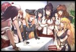  6+girls akagi_(kantai_collection) akizuki_(kantai_collection) antiqq ark_royal_(kantai_collection) bare_shoulders beret bismarck_(kantai_collection) black_border black_hair blonde_hair blue_eyes border breast_hold breasts brown_eyes brown_gloves brown_hair commentary crossed_arms detached_sleeves dress food food_on_face front-tie_top gloves hair_between_eyes hairband hakama haruna_(kantai_collection) hat headgear highres huge_breasts iowa_(kantai_collection) japanese_clothes kantai_collection large_breasts littorio_(kantai_collection) long_hair long_sleeves medium_breasts military military_hat military_uniform multiple_girls nontraditional_miko open_mouth parody partly_fingerless_gloves peaked_cap pleated_skirt ponytail pudding real_life red_hakama red_skirt redhead richelieu_(kantai_collection) saratoga_(kantai_collection) short_hair short_sleeves skirt smile star star-shaped_pupils symbol-shaped_pupils tasuki tears thigh-highs tiara uniform wavy_hair white_dress yamato_(kantai_collection) yugake z_flag 