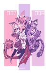  2girls absurdres animal_ears artist_name back-to-back bangs blush bow cat_ears cat_tail cheshire_cat_(monster_girl_encyclopedia) claws elbow_gloves gloves grin hair_bow hair_intakes highres long_hair looking_at_viewer low_wings manticore_(monster_girl_encyclopedia) monster_girl monster_girl_encyclopedia multiple_girls orange_hair parted_lips patreon_username paws ponytail prehensile_tail purple_bow purple_gloves purple_hair ramenwarwok red_eyes smile tail wings wolf_ears 
