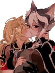  2girls animal_ears black_cape black_eyes black_hair black_jacket blonde_hair blush breasts brown_gloves cape cat_ears chino_machiko closed_eyes dog_ears erect_nipples gloves groping heart jacket kemonomimi_mode kiss long_hair looking_at_viewer lyza made_in_abyss medium_breasts multicolored_hair multiple_girls ozen short_hair simple_background solo sweatdrop two-tone_hair whistle white_background white_hair yuri 