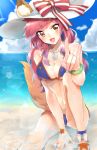  1girl aktk_chiho animal_ears bikini blue_bikini blush collarbone day ears_through_headwear fang fate/grand_order fate_(series) fox_ears fox_shadow_puppet fox_tail hat highres nature navel ocean open_mouth outdoors pink_hair ribbon side-tie_bikini solo striped striped_ribbon sun_hat swimsuit tail tamamo_(fate)_(all) tamamo_no_mae_(swimsuit_lancer)_(fate) water yellow_eyes 