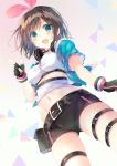  1girl a.i._channel aqua_eyes bangs belt blush breasts brown_hair choker cowboy_shot eyebrows_visible_through_hair fingerless_gloves from_below gloves hair_ornament headphones heart highres jacket kizuna_ai looking_at_viewer midriff navel open_clothes shiiba_nae short_hair short_shorts short_sleeves shorts skindentation solo swept_bangs thigh_strap v virtual_youtuber 