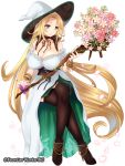  1girl bare_shoulders blue_eyes bouquet breasts brown_footwear brown_legwear cleavage copyright_request dress flower full_body hat high_heels holding holding_staff invisible_chair large_breasts legs_crossed long_hair looking_to_the_side official_art sirokurodai sitting staff thigh-highs very_long_hair watermark white_dress white_hat witch witch_hat 