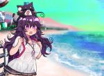  1girl :o ahoge beach bikini black_skirt blue_sky blush breasts cat cleavage commentary_request day dress eyebrows_visible_through_hair jewelry large_breasts long_hair messy_hair necklace nyarla_(osiimi) ocean original osiimi outdoors pleated_skirt purple_hair side-tie_bikini skirt sky solo sparkle standing swimsuit tail_wagging white_dress wide-eyed 