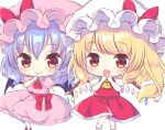  2girls :d ascot bat_wings blonde_hair blush bow brooch chibi closed_mouth collar collared_dress commentary_request dress eyebrows_visible_through_hair eyelashes feet_out_of_frame finger_to_mouth flandre_scarlet frilled_collar frilled_dress frills gem hand_to_own_mouth hat hat_bow jewelry kagome_f light_blue_hair light_smile looking_at_viewer mob_cap multiple_girls open_mouth petticoat pink_dress pink_hat puffy_short_sleeves puffy_sleeves red_bow red_footwear red_neckwear red_sash red_skirt red_vest remilia_scarlet sash shirt shoes short_hair short_sleeves side_ponytail simple_background skirt skirt_set smile socks touhou vest white_background white_hat white_legwear white_shirt wings yellow_eyes yellow_neckwear 