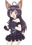  1girl ahoge animal_ears black_dress black_eyes black_gloves black_hair dog_ears dress elin_(tera) fang gloves highres jd_(bibirijd) jewelry long_hair necklace no_tail open_mouth short_dress solo tera_online 