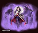  1girl aura bangs black_hair blunt_bangs closed_mouth hand_up holding holding_sword holding_weapon japanese_clothes kageshio_(276006) kimono long_hair long_sleeves looking_at_viewer monster oni purple_kimono red_eyes scabbard sennen_sensou_aigis sheath solo standing sword watermark weapon 