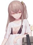  1girl brown_hair champagne_flute cup drinking_glass flat_chest girls_frontline hair_over_shoulder half-closed_eyes long_hair looking_away maredoro one_side_up print_shirt scar scar_across_eye shirt simple_background smirk solo ump45_(girls_frontline) weibo_username white_background yellow_eyes 