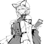  1girl breasts fan folding_fan hat highres kikoka_(mizuumi) looking_at_viewer monochrome solo tabard tied_hair touhou white_background yakumo_yukari yin_yang 