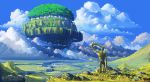  artist_name bird clouds cloudy_sky floating_castle highres landscape laputa_robot mountain no_humans outdoors river scenery sky syntetyc tenkuu_no_shiro_laputa town 