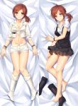  1girl bed_sheet black_footwear black_skirt black_vest boots boots_removed breasts cleavage closed_mouth collared_shirt commentary_request dakimakura grey_eyes highres jacket large_breasts looking_at_viewer multiple_views orange_hair original pleated_skirt ponytail shirt short_shorts short_sleeves shorts skirt smile thigh_gap tonee vest white_footwear white_jacket white_shorts wing_collar wristband 