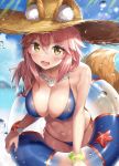  1girl ale_nqki animal_ears bikini blue_sky blurry blush breasts cleavage clouds depth_of_field eyebrows_visible_through_hair fate/grand_order fate_(series) fox_ears fox_tail hair_between_eyes hat highres innertube jewelry large_breasts looking_at_viewer navel necklace open_mouth pink_hair sand_dollar side-tie_bikini skindentation sky smile solo starfish straw_hat swimsuit tail tamamo_(fate)_(all) tamamo_no_mae_(swimsuit_lancer)_(fate) wet yellow_eyes 