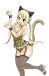  1girl :d animal_ears animal_print bangs bell bell_collar black_hairband blonde_hair breasts brown_eyes brown_legwear brown_leotard cat_ears cat_tail cleavage collar eyebrows_visible_through_hair fairy_tail fake_animal_ears floating_hair garter_straps hairband high_heels large_breasts leopard_print leotard long_hair lucy_heartfilia mashima_hiro official_art one_leg_raised open_mouth paw_pose simple_background sketch smile solo standing standing_on_one_leg swept_bangs tail thigh-highs twintails very_long_hair white_background wristband 