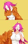  1girl :d absurdres ahoge artificialdyslexia breasts closed_eyes commentary drake_(rapper) eyebrows_visible_through_hair facial_scar fate/extra fate/grand_order fate_(series) francis_drake_(fate) highres jacket large_breasts meme namesake open_mouth orange_background orange_jacket pointing_finger purple_hair scar shirt smile v-neck white_shirt 