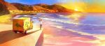  1girl black_hair clover commentary_request four-leaf_clover from_side gemi ground_vehicle highres horizon motor_vehicle ocean original outdoors pants pier ponytail purple_pants scenery shadow shirt short_sleeves solo standing stretch sun sunset van waves white_shirt 