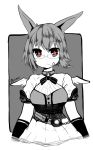  1girl animal_ears belt bow bowtie breasts elbow_gloves eyebrows_visible_through_hair gloves greyscale large_breasts looking_at_viewer monochrome mouth_hold original osiimi short_hair short_sleeves skirt solo spot_color star star-shaped_pupils symbol-shaped_pupils upper_body wings 