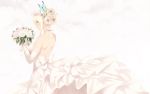  1girl alternate_hairstyle backless_outfit bare_shoulders blonde_hair blue_eyes boku_wa_tomodachi_ga_sukunai bouquet butterfly_hair_ornament cait commentary dress flower from_behind hair_bun hair_flower hair_ornament hair_up highres kashiwazaki_sena looking_back open-back_dress shoulder_blades simple_background solo wedding_dress white_flower 