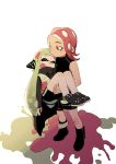  2girls agent_8 carrying cloak closed_eyes dyx_(asdiandyx) green_hair ink inkling looking_at_another multiple_girls octoling pink_hair pointy_ears princess_carry shoes shorts simple_background sleeveless sneakers splatoon splatoon_2 splatoon_2:_octo_expansion squidbeak_splatoon tentacle_hair unconscious white_background yellow_eyes 