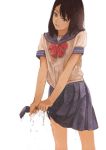  1girl black_eyes black_hair blue_sailor_collar bow bowtie commentary_request gemi looking_at_viewer original parted_lips pleated_skirt purple_skirt red_neckwear sailor_collar school_uniform serafuku shirt short_sleeves simple_background skirt smile solo standing white_background white_shirt wringing_clothes 