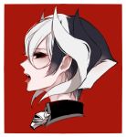  1girl bangs black_eyes black_hair chino_machiko from_side hair_between_eyes looking_at_viewer made_in_abyss multicolored_hair open_mouth ozen portrait profile red_background saliva short_hair simple_background solo tongue tongue_out two-tone_hair whistle white_hair wing_collar 