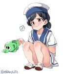  1girl black_eyes black_hair daitou_(kantai_collection) dress ebifurya hat highres kantai_collection medium_hair peaked_cap sailor_collar sailor_dress school_uniform serafuku shoes short_dress simple_background sitting solo squatting white_background 