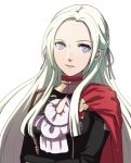  1girl blonde_hair blue_eyes cape cravat edelgard_von_hresvelgr_(fire_emblem) fire_emblem fire_emblem:_three_houses gloves hair_ornament kokouno_oyazi long_hair looking_at_viewer mole mole_under_mouth simple_background smile solo uniform white_background 