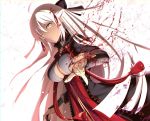  1girl black_bow blood bow breasts dark_skin dutch_angle eyebrows_visible_through_hair fate/grand_order fate_(series) hair_bow hand_on_hilt highres long_hair looking_at_viewer majin_saber okita_souji okita_souji_(fate) okita_souji_alter_(fate) parted_lips solo yellow_eyes 