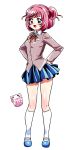  1girl blue_skirt cupcake doki_doki_literature_club fang food full_body hair_ornament hair_ribbon hairclip hands_on_hips kneehighs looking_at_viewer natsuki_(doki_doki_literature_club) peachmaiden pink_eyes pink_hair pleated_skirt red_ribbon ribbon school_uniform short_hair simple_background skirt solo two_side_up white_background white_legwear 