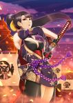  1girl absurdres architecture banner black_gloves black_hair breasts cleavage east_asian_architecture floral_print gloves highres holding holding_sword holding_weapon katana looking_at_viewer medium_breasts outdoors parted_lips ponytail purple_sky red_eyes sawasa sheath solo standing sword tachibana_ginchiyo tassel unsheathing weapon 