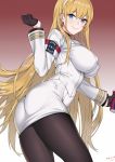  1girl armband ass azur_lane bangs black_gloves black_legwear blonde_hair blue_eyes breasts closed_mouth commentary_request detached_sleeves erect_nipples eyebrows_visible_through_hair from_side gloves gradient gradient_background hairband highres holding large_breasts lips long_hair long_sleeves looking_at_viewer military military_uniform miniskirt north_carolina_(azur_lane) pantyhose signature simple_background skirt smile uniform zui_ai_shuang_mawei 