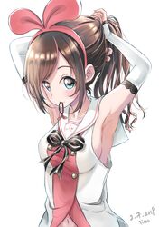  1girl a.i._channel adjusting_hair alternate_hairstyle aqua_eyes armpits arms_up bare_shoulders blush bow bowtie breasts brown_hair dated hair_ornament highres kizuna_ai medium_breasts navel ponytail simple_background sleeveless smile solo user_xxyz8843 virtual_youtuber white_background 