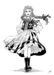  1girl absurdres boots braid dress fingernails full_body greyscale highres long_hair looking_at_viewer monochrome nikaidou_kou open_mouth original solo 