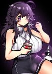  1girl :t absurdres ahoge bare_arms bare_shoulders black_shorts breasts cat commentary eating english_commentary hand_up hat highres holding huge_breasts messy_hair nyarla_(osiimi) original osiimi purple_hair short_shorts shorts solo spoon violet_eyes 
