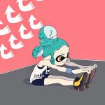  1girl bike_shorts blue_hair camisole commentary_request determined directional_arrow hasha highres inkling looking_to_the_side orange_eyes shoes simple_background sitting sneakers solo splatoon stretch sweatband tank_top topknot touching_toes 