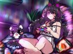  1girl :3 ahoge bare_shoulders black_hair boyshorts breasts cat cat_ear_headphones chips cleavage closed_mouth commentary controller english_commentary food game_controller gamepad headphones holding indian_style large_breasts long_hair mega_milk messy_hair microphone nyarla_(osiimi) original osiimi playing_games sitting smile smug solo strap_slip violet_eyes 
