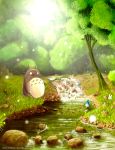  commentary day fishing fishing_rod flower forest grass highres nature no_humans outdoors river scenery syntetyc totoro tree 