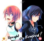  2girls :d armband bangs bare_shoulders black_choker black_coat black_coat_(kingdom_hearts) black_hair blue_eyes breasts choker closed_mouth dated emoji english eyebrows_visible_through_hair hair_between_eyes hood jewelry jin.n kairi_(kingdom_hearts) kingdom_hearts kingdom_hearts_358/2_days kingdom_hearts_i long_sleeves looking_at_viewer medium_breasts multiple_girls necklace open_mouth organization_xiii redhead shirt short_hair signature smile symmetry tank_top teeth tongue upper_body white_shirt xion_(kingdom_hearts) 