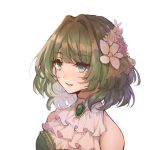  1girl bangs bare_shoulders blue_eyes breasts brooch brown_hair dress eyebrows_visible_through_hair flower frills green_dress green_eyes hair_flower hair_ornament heterochromia idolmaster idolmaster_cinderella_girls idolmaster_cinderella_girls_starlight_stage jewelry medium_breasts mole mole_under_eye open_mouth short_hair simple_background smile solo sqbillfish swept_bangs takagaki_kaede white_background 