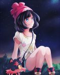  1girl 2016 bag bangs beanie black_hair blue_eyes closed_mouth collarbone dated gen_7_pokemon grass green_shorts handbag hat highres jin.n knees_together_feet_apart litten mizuki_(pokemon) night night_sky outdoors pokemon pokemon_(creature) pokemon_(game) pokemon_sm red_hat shirt short_hair short_sleeves shorts signature sitting sky smile star_(sky) starry_sky swept_bangs t-shirt tied_shirt white_shirt 