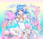  1girl :d bare_shoulders blue_background blue_hair blush bouquet bow breasts bridal_gauntlets champagne_flute cleavage covered_navel cup double_bun dress drinking_glass flower gradient gradient_background gradient_hair hair_between_eyes hair_bow hair_flower hair_ornament heart heart-shaped_pupils highres holding holding_bouquet holding_drinking_glass long_hair looking_at_viewer medium_breasts multicolored_hair official_art open_mouth pink_hair smile standing symbol-shaped_pupils teltelhousi tenkuu_no_craft_fleet thick_eyebrows twintails very_long_hair watermark wedding_dress white_bow white_dress 