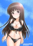  1girl bangs bikini black_bikini blunt_bangs blush breasts burafu closed_mouth clouds cloudy_sky collarbone commentary_request cowboy_shot dated day eyebrows_visible_through_hair front-tie_bikini front-tie_top girls_und_panzer large_breasts light_frown long_hair looking_at_viewer mature nishizumi_shiho outdoors sky solo standing straight_hair swimsuit 