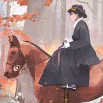 1girl black_dress black_eyes black_hair closed_mouth commentary_request dress from_side gemi gloves hat horse horseback_riding long_sleeves original purple_footwear purple_hat reins riding saddle shoes solo white_gloves 