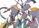  breasts cowboy_shot darling_in_the_franxx holding holding_spear holding_weapon horn humanoid_robot koyama_shigeto looking_at_viewer mecha medium_breasts no_humans open_mouth polearm red_eyes simple_background solo spear strelizia weapon white_background 
