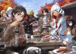  2girls 3boys armin_arlert ascot autumn_leaves bangs belt black_eyes black_footwear black_hair blonde_hair blue_sky blurry blurry_foreground boots brown_jacket character_request chopsticks closed_eyes closed_mouth commentary_request cropped_jacket day depth_of_field eating eren_yeager food frown goggles grey_shirt hand_in_pocket highres holding holding_chopsticks holding_plate hood hood_up hooded_jacket horse jacket knee_boots leotard leotard_under_clothes levi_(shingeki_no_kyojin) long_hair long_sleeves looking_at_another looking_at_viewer mask meat mikasa_ackerman modare mouth_mask multiple_boys multiple_girls open_clothes open_jacket open_mouth outdoors pants paradis_military_uniform parted_bangs plate ponytail red_eyes shingeki_no_kyojin shirt shishkebab_(fallout) short_hair short_shorts shorts sitting skirt sky smile standing survey_corps_(emblem) suspender_skirt suspenders swept_bangs thigh-highs tongs very_long_hair white_ascot white_belt white_leotard white_pants white_shorts white_thighhighs 